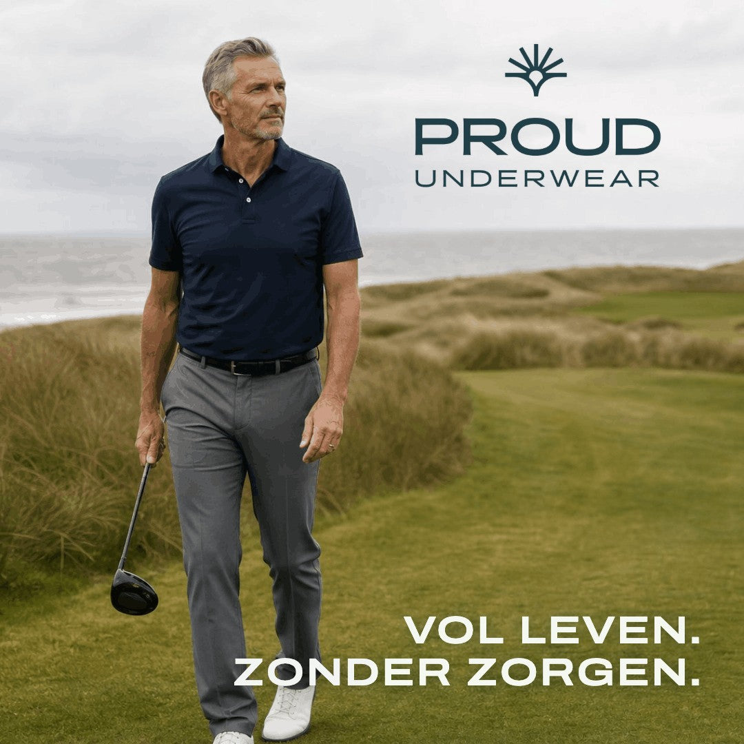 Man op de golfbaan in Proud absorberend ondergoed – Vol leven. Zonder zorgen.