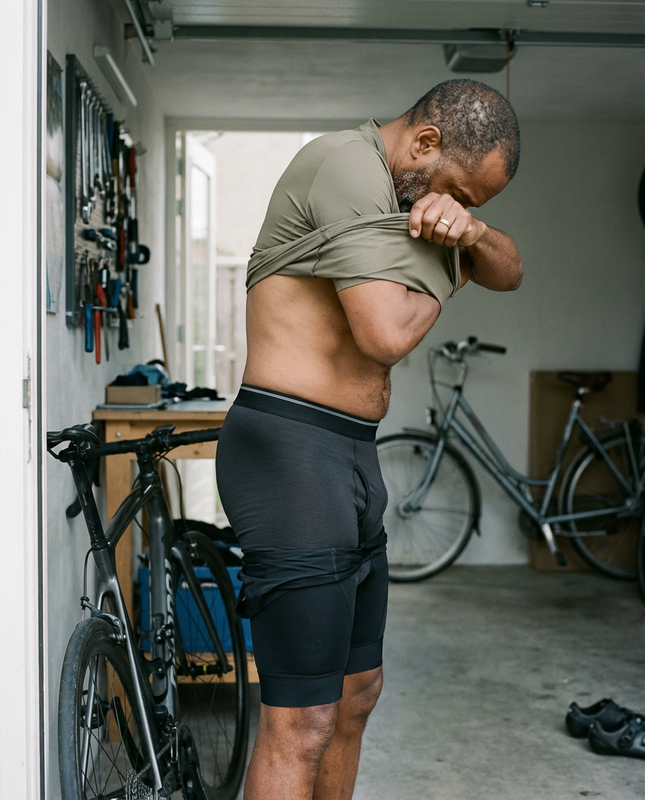 Actieve man met urineverlies kleed zich om na wielrennen, vertrouwen dankzij Proud boxer